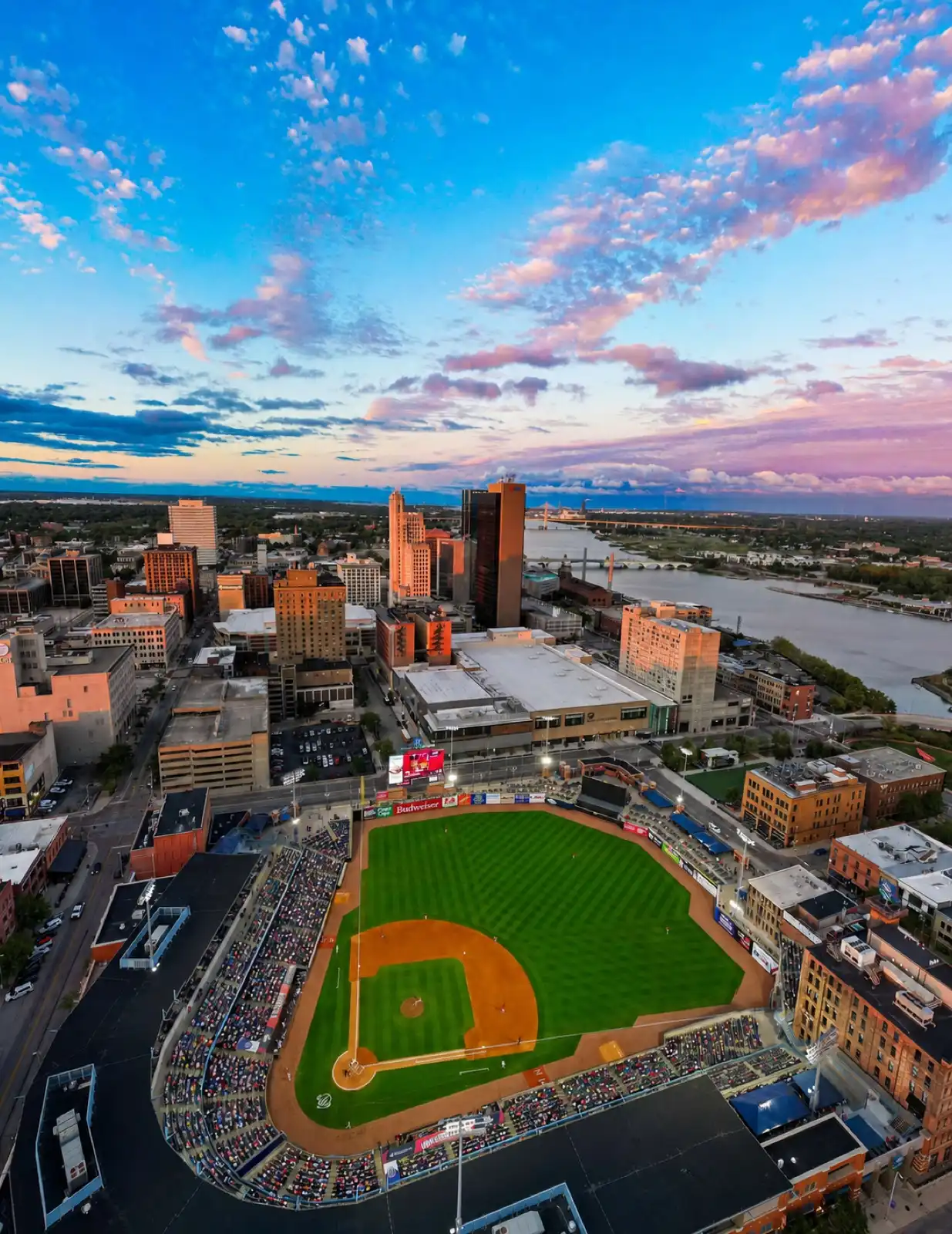 Aerial view of Fifth Third Field and downtown Toledo at sunset